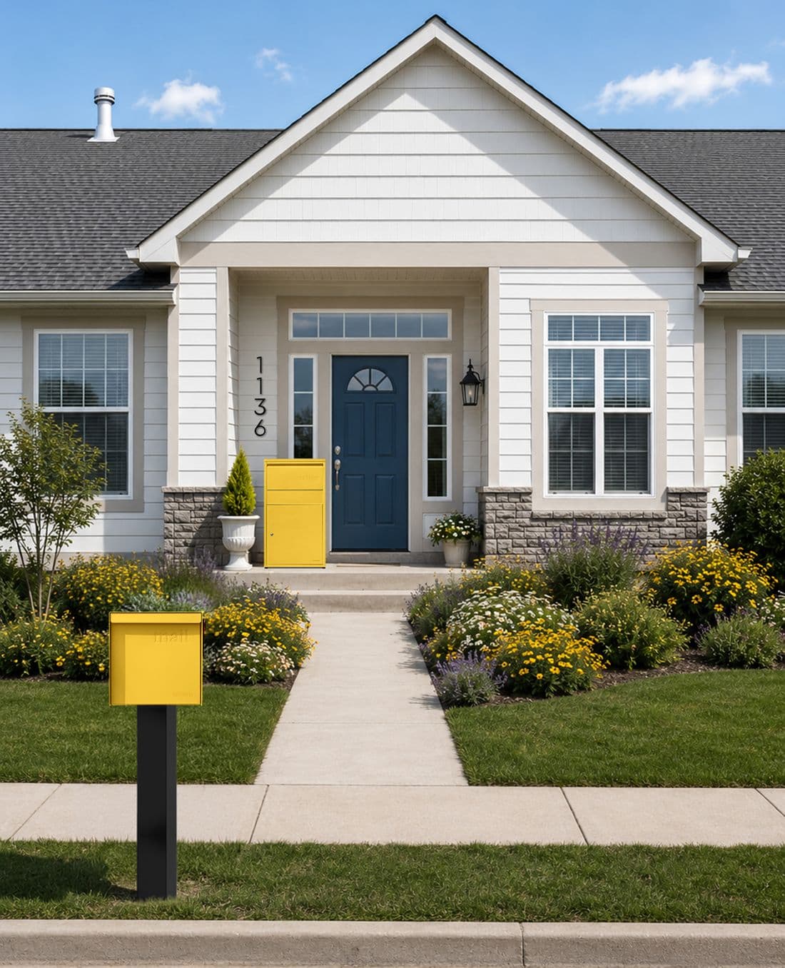 A home transformed with an Adoorn Curb Yellow mailbox and package box